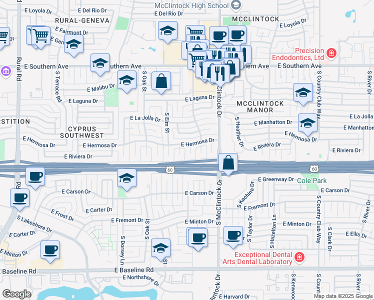 map of restaurants, bars, coffee shops, grocery stores, and more near 3912 South Willow Drive in Tempe