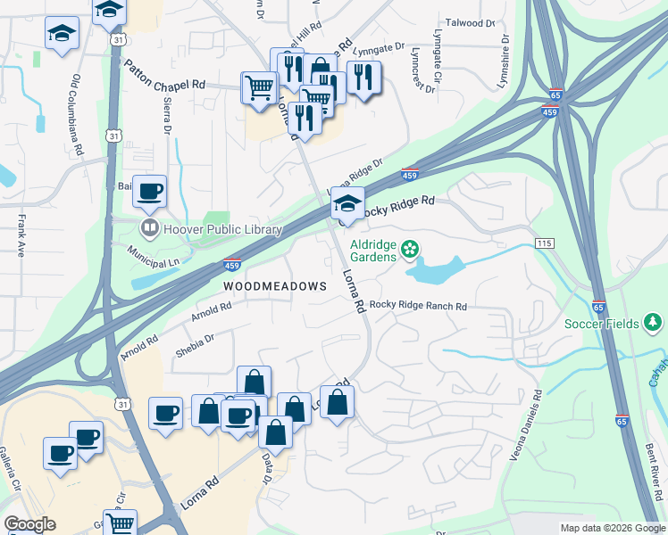 map of restaurants, bars, coffee shops, grocery stores, and more near 3521 Lorna Road in Birmingham