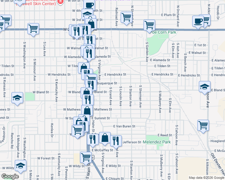 map of restaurants, bars, coffee shops, grocery stores, and more near 301 East Bland Street in Roswell