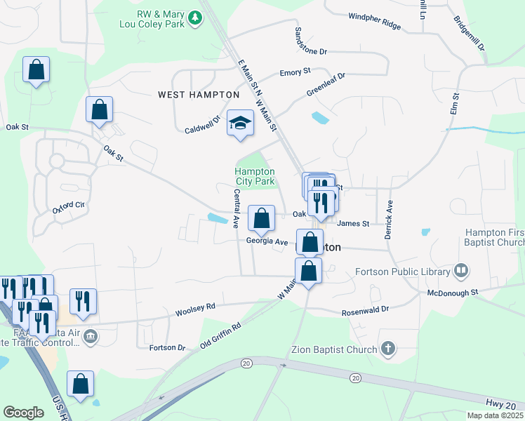 map of restaurants, bars, coffee shops, grocery stores, and more near 18 Oak Street in Hampton