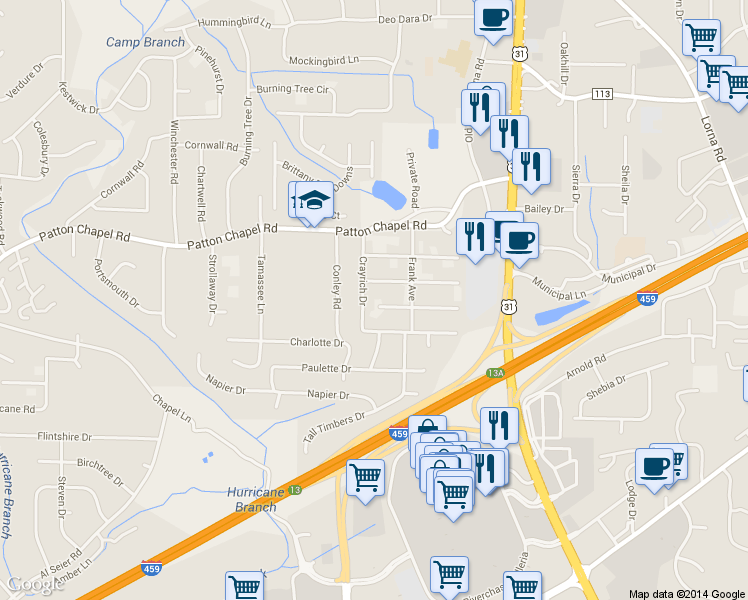 map of restaurants, bars, coffee shops, grocery stores, and more near 1850 Wisterwood Drive in Birmingham