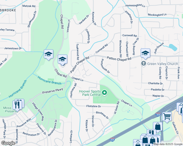 map of restaurants, bars, coffee shops, grocery stores, and more near 1945 Patton Chapel Lane in Hoover