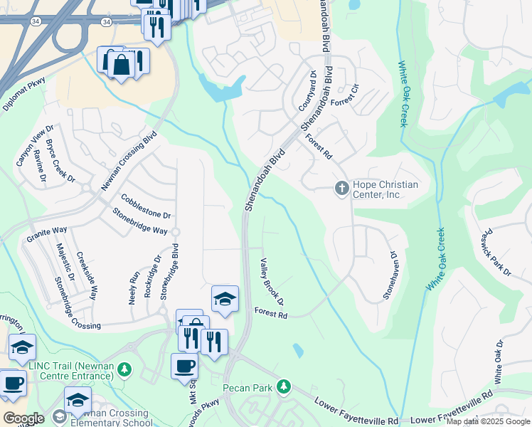 map of restaurants, bars, coffee shops, grocery stores, and more near 200 Valley Brook Drive in Newnan