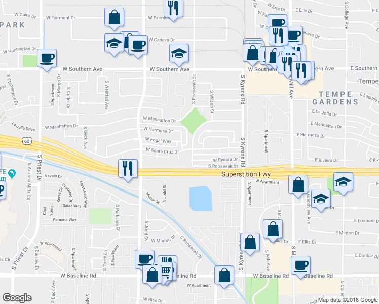 map of restaurants, bars, coffee shops, grocery stores, and more near 605 West Santa Cruz Drive in Tempe