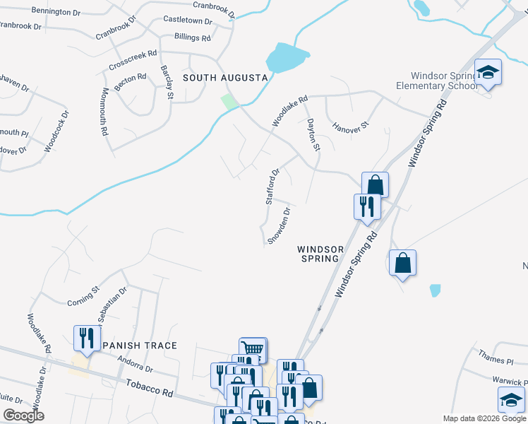 map of restaurants, bars, coffee shops, grocery stores, and more near 3531 Stafford Drive in Hephzibah