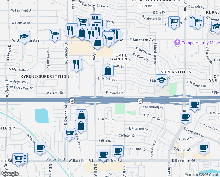map of restaurants, bars, coffee shops, grocery stores, and more near 115 East Santa Cruz Drive in Tempe