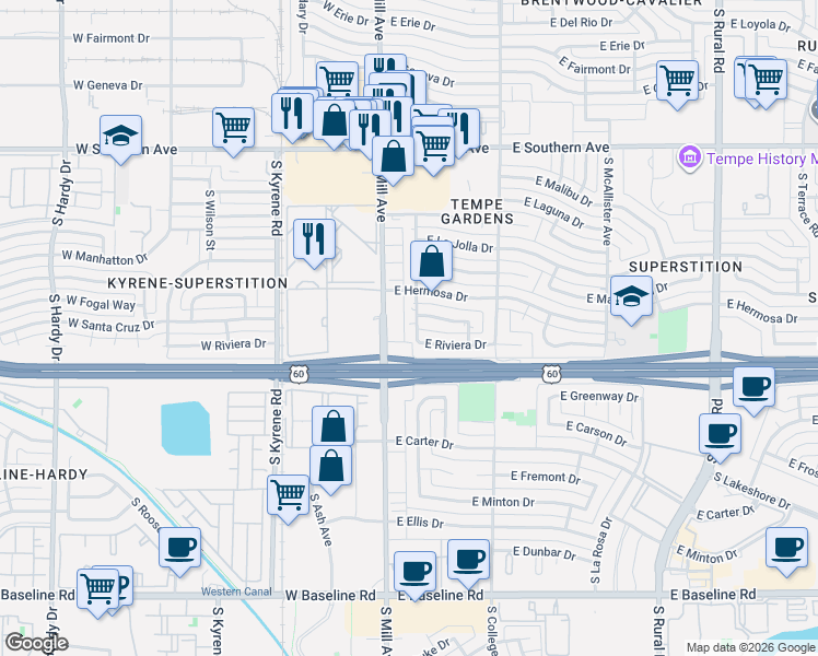 map of restaurants, bars, coffee shops, grocery stores, and more near 4147 South Mill Avenue in Tempe