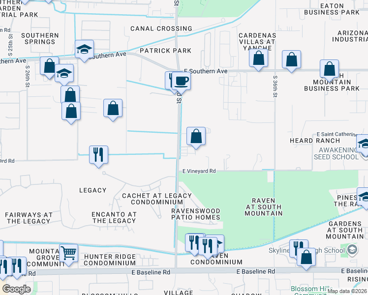 map of restaurants, bars, coffee shops, grocery stores, and more near 6445 South 32nd Street in Phoenix