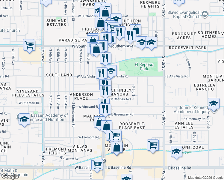 map of restaurants, bars, coffee shops, grocery stores, and more near 14 E St Anne Ave in Phoenix