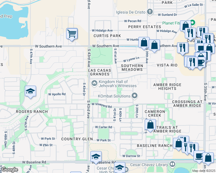 map of restaurants, bars, coffee shops, grocery stores, and more near 4121 West Lydia Lane in Phoenix