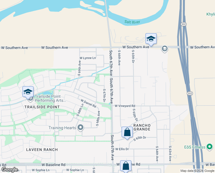 map of restaurants, bars, coffee shops, grocery stores, and more near 6505 South 67th Drive in Phoenix