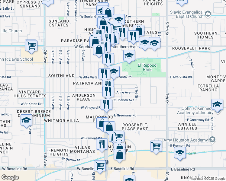 map of restaurants, bars, coffee shops, grocery stores, and more near 22 East Saint Anne Avenue in Phoenix