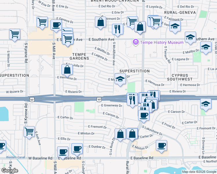 map of restaurants, bars, coffee shops, grocery stores, and more near 533 East Hermosa Drive in Tempe