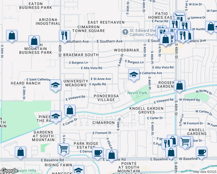 map of restaurants, bars, coffee shops, grocery stores, and more near 6615 South 43rd Street in Phoenix