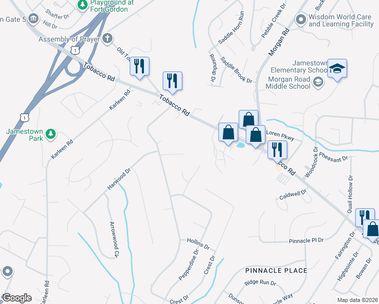 map of restaurants, bars, coffee shops, grocery stores, and more near 2715 Fair Oak Court in Hephzibah