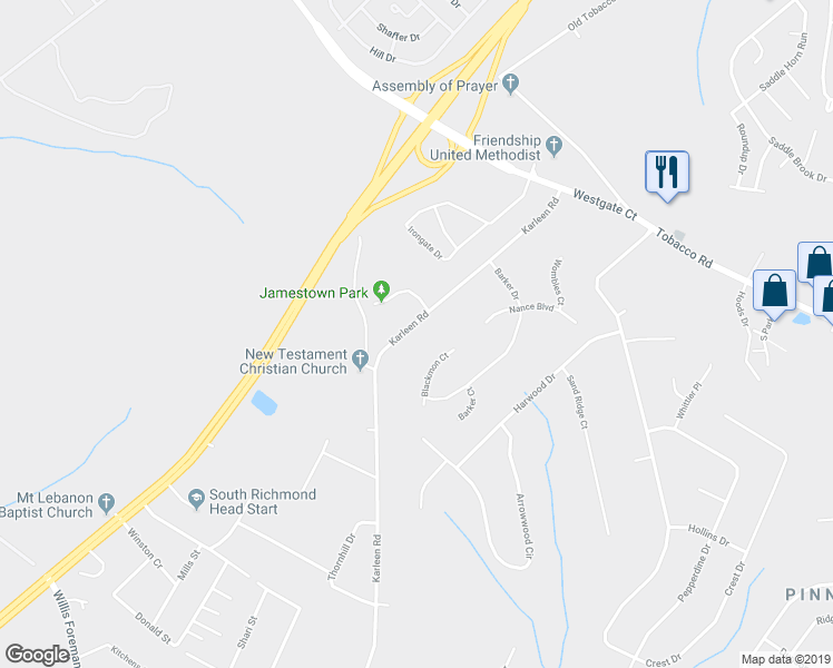 map of restaurants, bars, coffee shops, grocery stores, and more near 3656 Karleen Road in Hephzibah