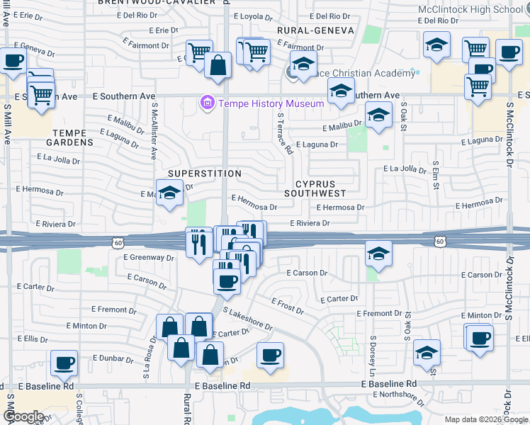 map of restaurants, bars, coffee shops, grocery stores, and more near 1003 East Hermosa Drive in Tempe