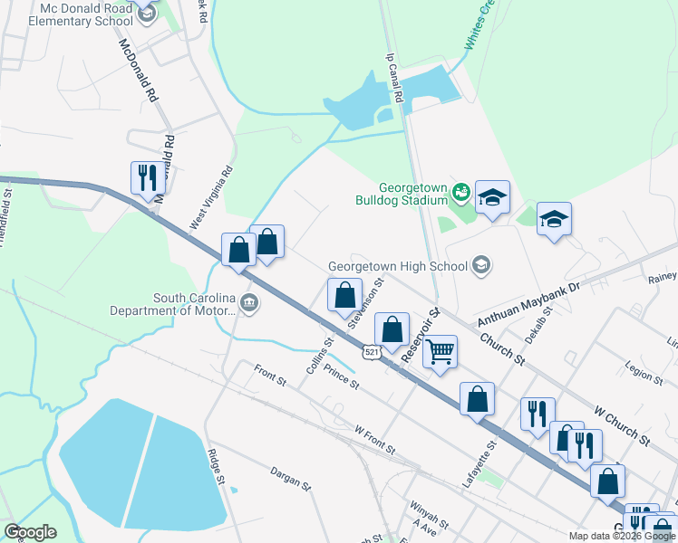 map of restaurants, bars, coffee shops, grocery stores, and more near 2822 Farrelly Street in Georgetown