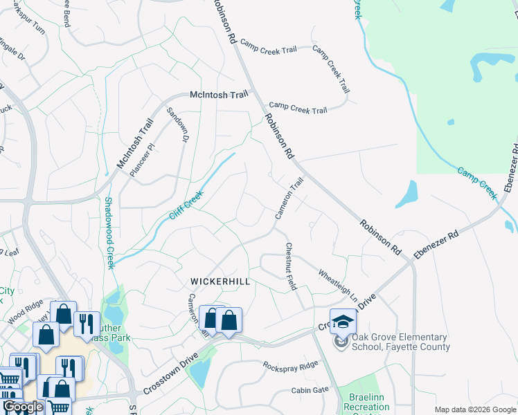 map of restaurants, bars, coffee shops, grocery stores, and more near 102 Burnham Rise in Peachtree City