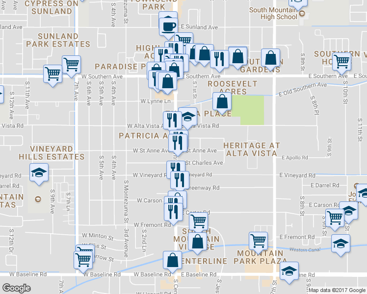 map of restaurants, bars, coffee shops, grocery stores, and more near 14 East Saint Anne Avenue in Phoenix