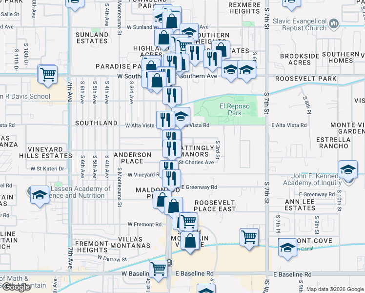 map of restaurants, bars, coffee shops, grocery stores, and more near 22 East Saint Anne Avenue in Phoenix