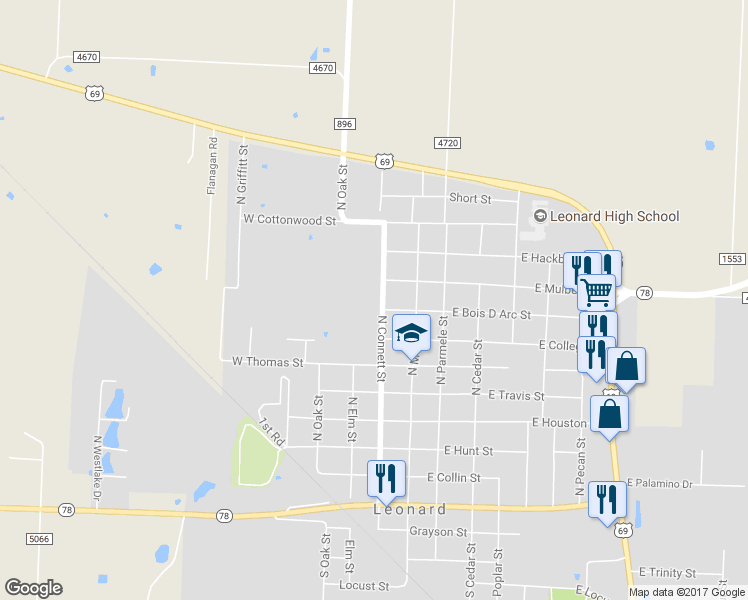 map of restaurants, bars, coffee shops, grocery stores, and more near 703 North Connett Street in Leonard