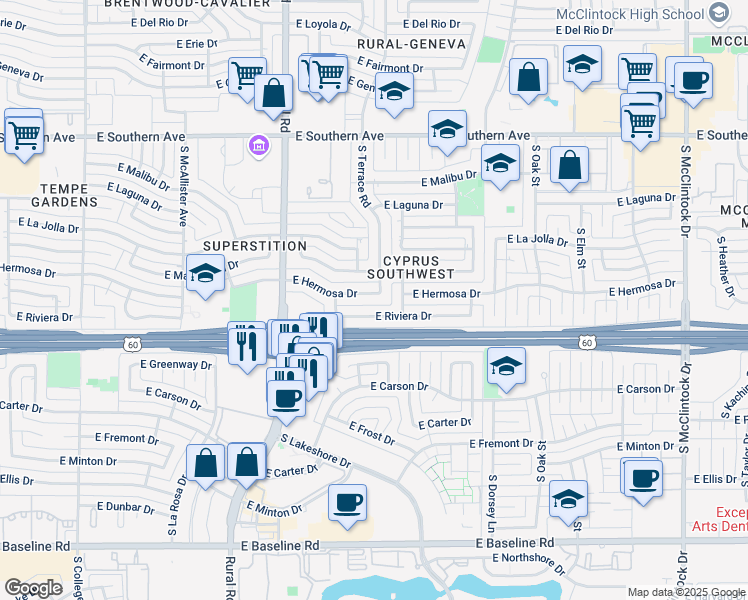 map of restaurants, bars, coffee shops, grocery stores, and more near 1039 East Hermosa Drive in Tempe
