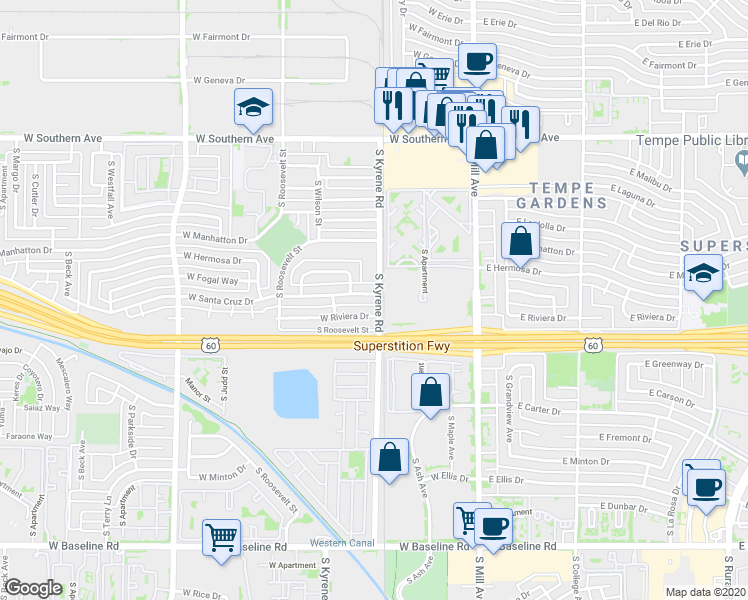 map of restaurants, bars, coffee shops, grocery stores, and more near 307 West Santa Cruz Drive in Tempe