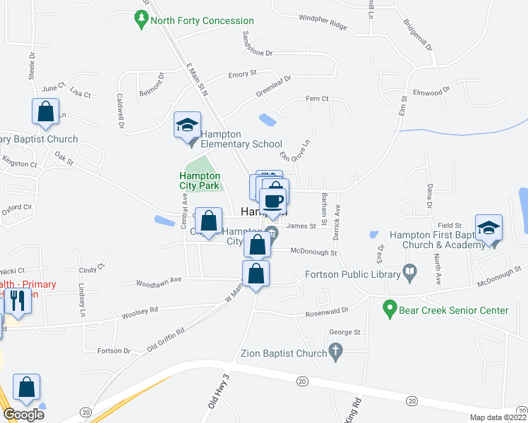 map of restaurants, bars, coffee shops, grocery stores, and more near 2 East Main Street North in Hampton