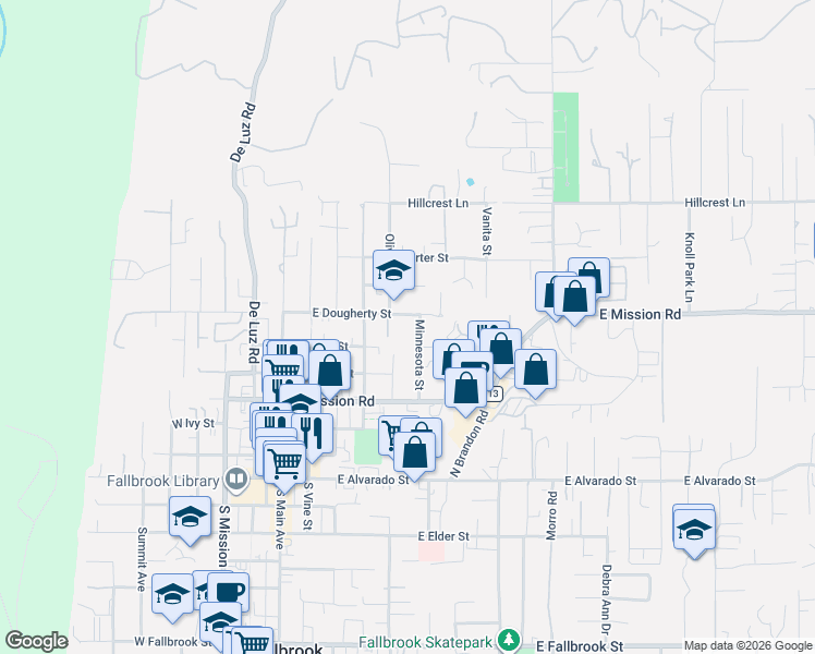 map of restaurants, bars, coffee shops, grocery stores, and more near 634 Minnesota Avenue in Fallbrook