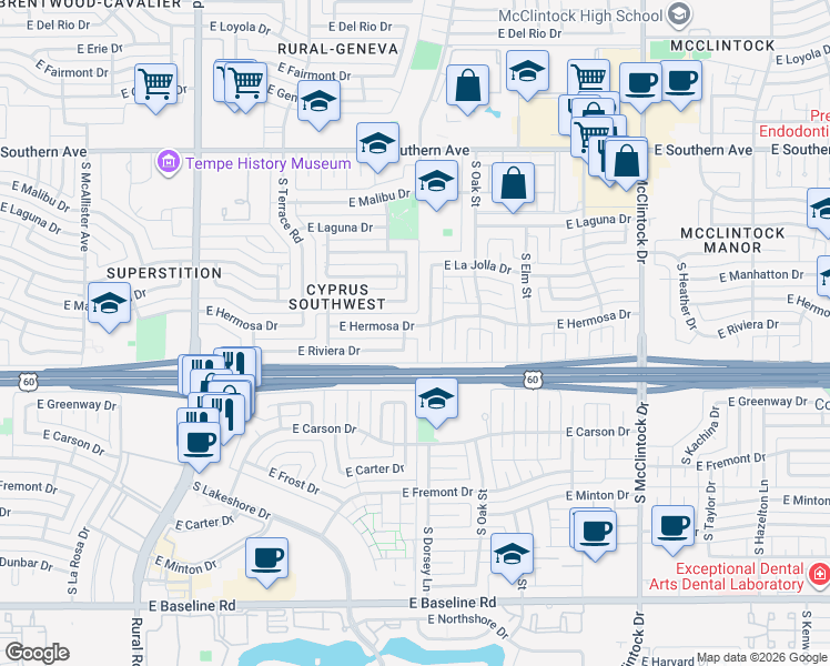 map of restaurants, bars, coffee shops, grocery stores, and more near 1281 East Hermosa Drive in Tempe