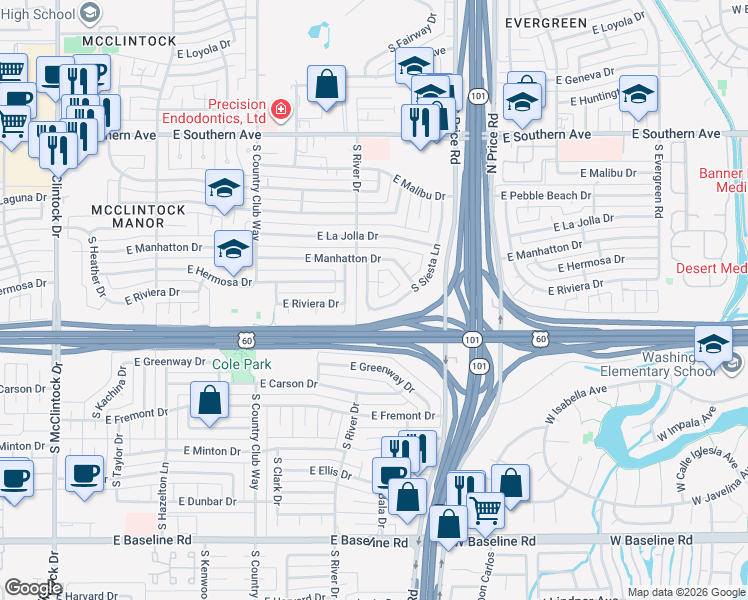 map of restaurants, bars, coffee shops, grocery stores, and more near 3917 South Shannon Drive in Tempe