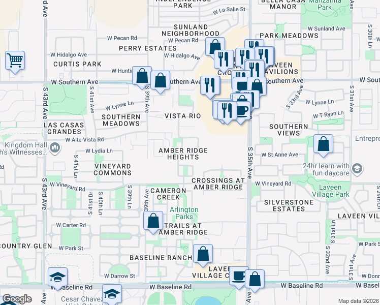 map of restaurants, bars, coffee shops, grocery stores, and more near 6524 South 37th Drive in Phoenix