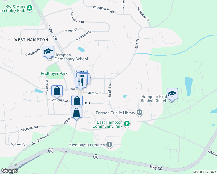map of restaurants, bars, coffee shops, grocery stores, and more near 13 Derrick Avenue in Hampton