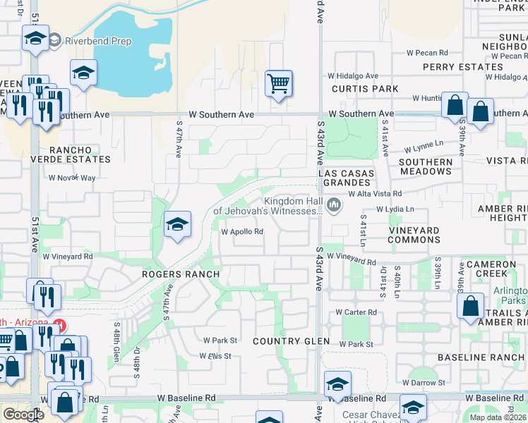 map of restaurants, bars, coffee shops, grocery stores, and more near 6523 South 44th Lane in Phoenix
