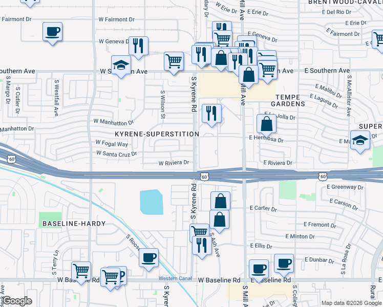 map of restaurants, bars, coffee shops, grocery stores, and more near 307 West Santa Cruz Drive in Tempe