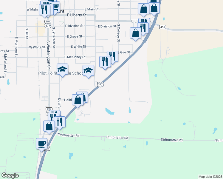 map of restaurants, bars, coffee shops, grocery stores, and more near 801 U.S. 377 in Pilot Point