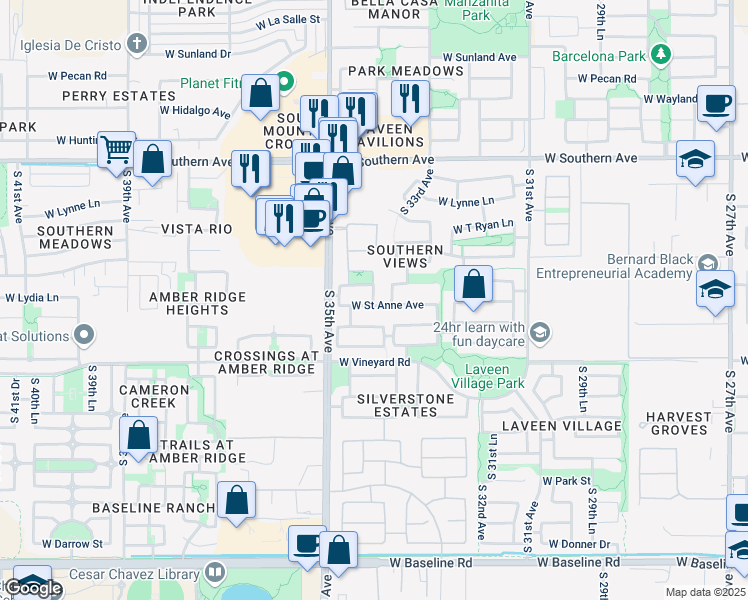 map of restaurants, bars, coffee shops, grocery stores, and more near 7210 South 34th Drive in Phoenix