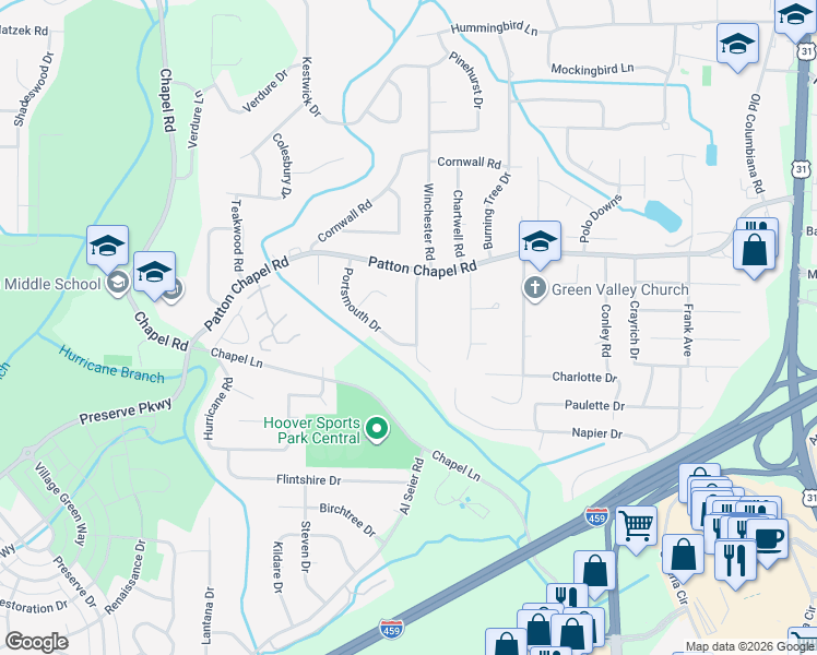 map of restaurants, bars, coffee shops, grocery stores, and more near 3420 Collingwood Road in Birmingham