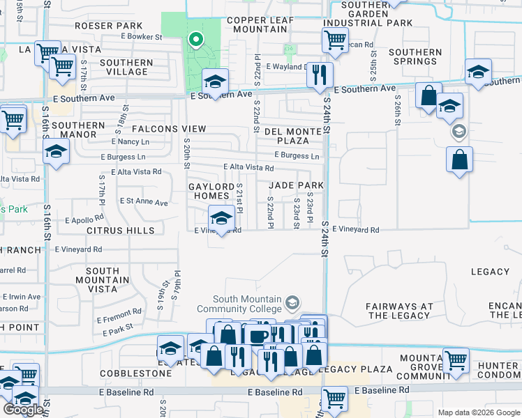 map of restaurants, bars, coffee shops, grocery stores, and more near 6613 South 22nd Place in Phoenix