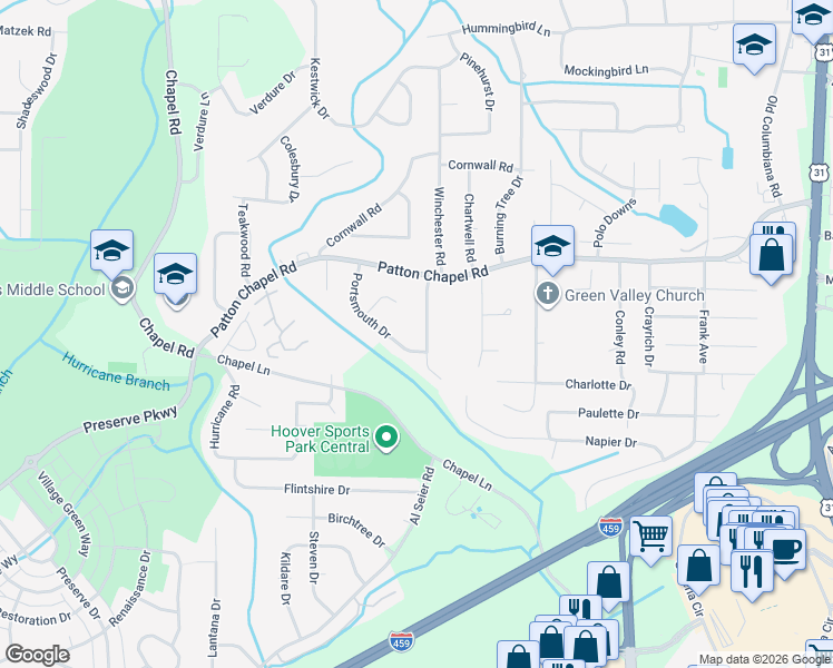 map of restaurants, bars, coffee shops, grocery stores, and more near 3420 Collingwood Road in Birmingham