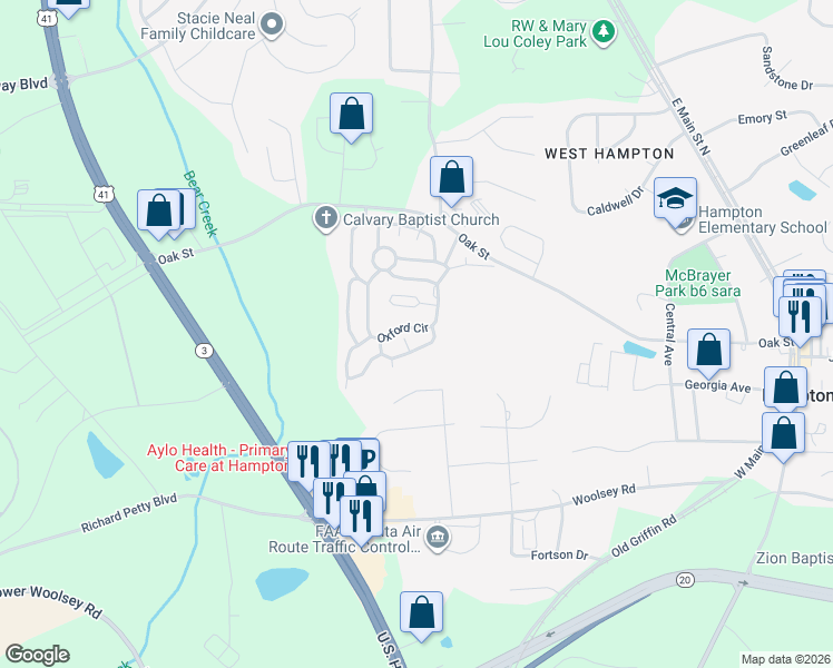 map of restaurants, bars, coffee shops, grocery stores, and more near 311 Stratford Drive in Hampton