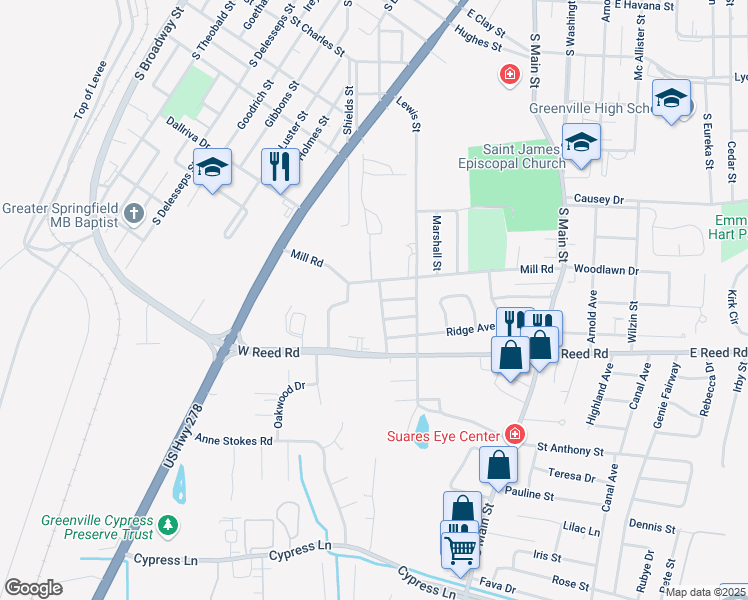 map of restaurants, bars, coffee shops, grocery stores, and more near 1219 Daniels Street in Greenville