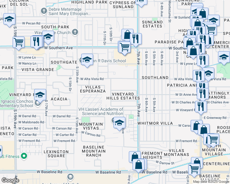 map of restaurants, bars, coffee shops, grocery stores, and more near 1009 West Lydia Lane in Phoenix