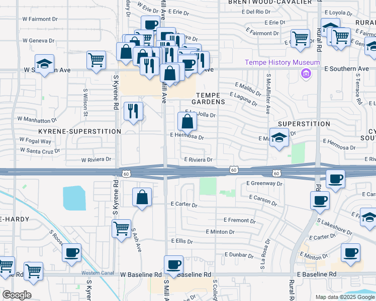 map of restaurants, bars, coffee shops, grocery stores, and more near 115 East Santa Cruz Drive in Tempe