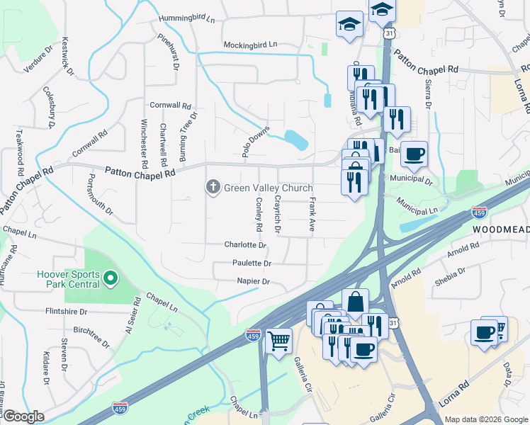map of restaurants, bars, coffee shops, grocery stores, and more near 3441 Conley Road in Birmingham