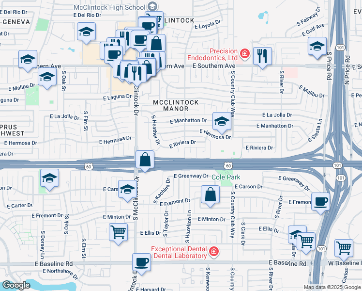 map of restaurants, bars, coffee shops, grocery stores, and more near 1907 East Riviera Drive in Tempe