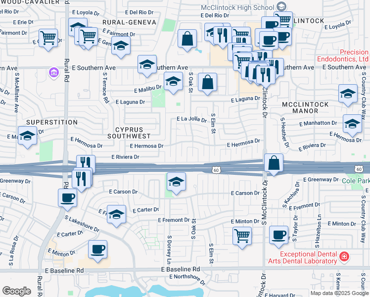 map of restaurants, bars, coffee shops, grocery stores, and more near 3910 South Pine Street in Tempe
