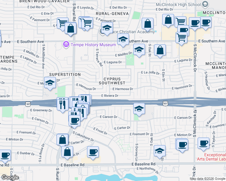 map of restaurants, bars, coffee shops, grocery stores, and more near 1203 South Newberry Road in Tempe