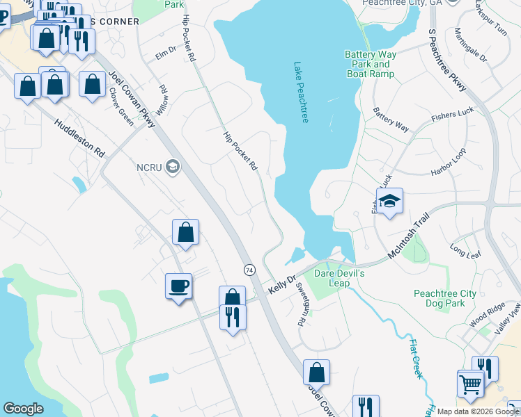 map of restaurants, bars, coffee shops, grocery stores, and more near 1100 Hip Pocket Road in Peachtree City